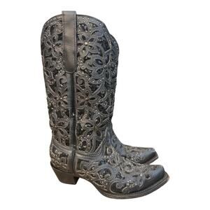 Corral Glitter Inlay Floral Overlay Snip Toe Cowboy Boot Women size 7.5